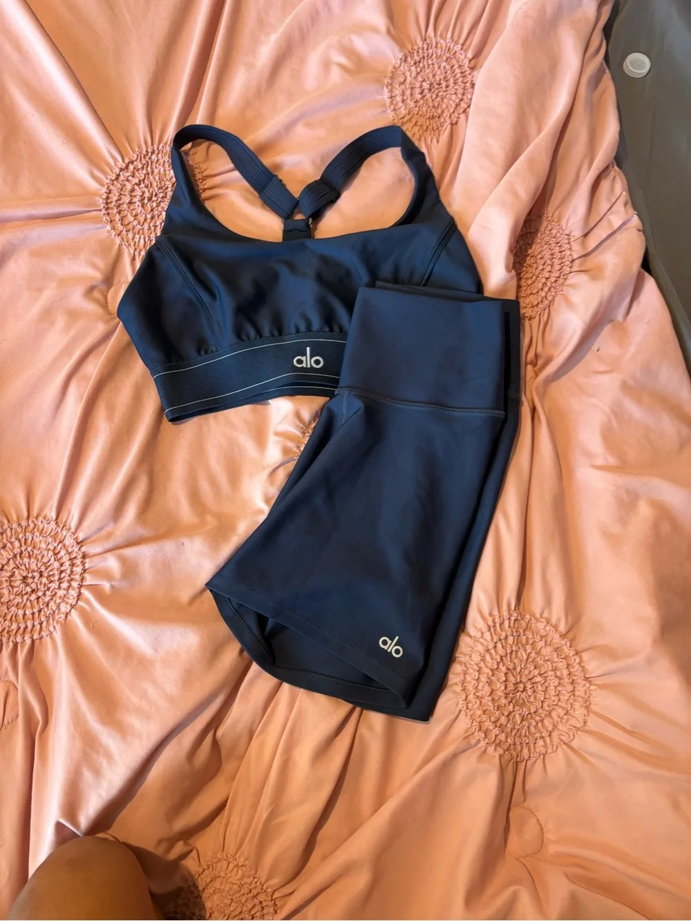 ALO Yoga Navy Blue Racerback Sports Bra & High-Rise Shorts Set